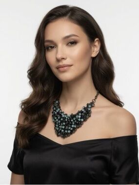 Aqua Sea Glass Crystals Gunmetal Statement Necklace